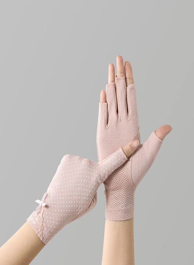 OVOY Women Pink Driving Ice-Silk Gloves Sun-UV-Protection Fingerless Gloves for Summer Hiking Cycling Running SPF Lace Glove - Image 4